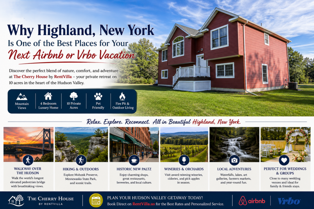 Luxury Airbnb and Vrbo vacation rental The Cherry House in Highland New York with mountain views and spacious private grounds.